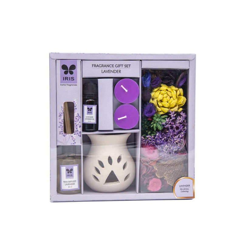 IRIS Fragrance Giftset, Lavender,Home Fragrances for Fine Living,1 unglazed Ceramic Vaporizer Burner,10ml Vaporizer Oil, 2 T-Lights,30ml Reed Diffuser Oil, 4 Reed Sticks,100 gm Fragranced Potpourri