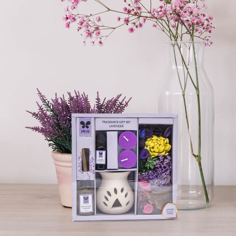 IRIS Fragrance Giftset, Lavender,Home Fragrances for Fine Living,1 unglazed Ceramic Vaporizer Burner,10ml Vaporizer Oil, 2 T-Lights,30ml Reed Diffuser Oil, 4 Reed Sticks,100 gm Fragranced Potpourri - Image 4