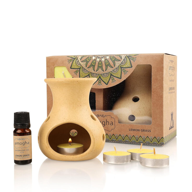 Amogha Ceramic Lemon Grass Fragrance Vaporizer With 4 Tealights And 10Ml Vaporizer Oil - Image 3