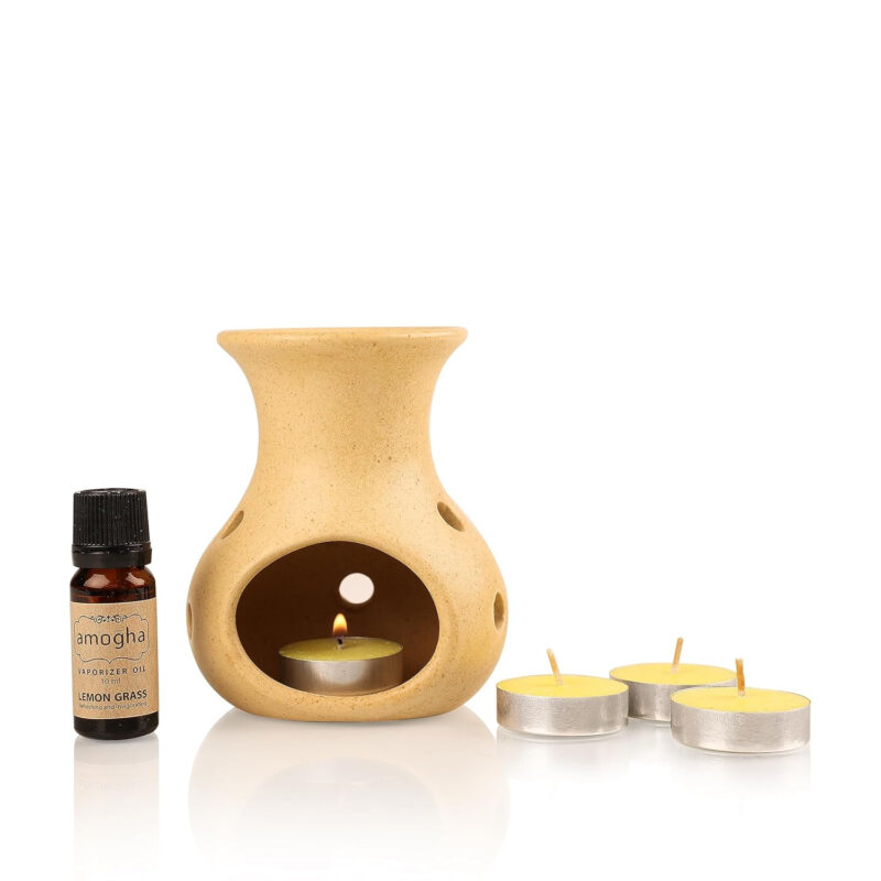 Amogha Ceramic Lemon Grass Fragrance Vaporizer With 4 Tealights And 10Ml Vaporizer Oil - Image 4