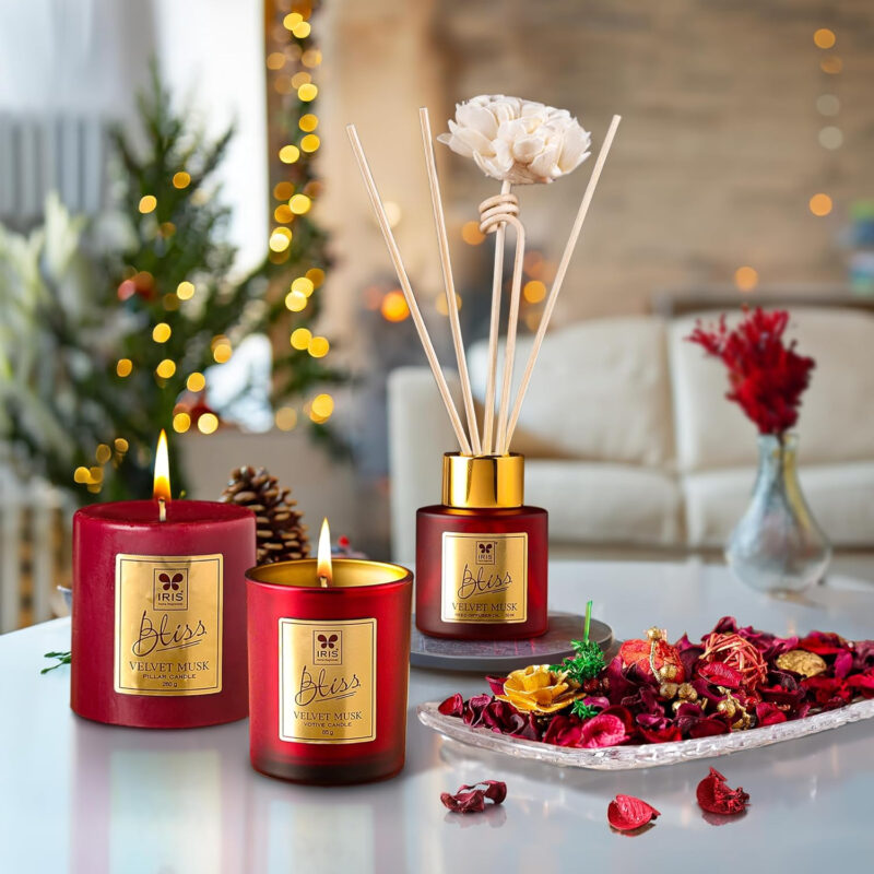 Iris Bliss Velvet Musk Fragrance Giftset with Reed Diffuser,Votive Candles,Potpourri & Pillar Candle