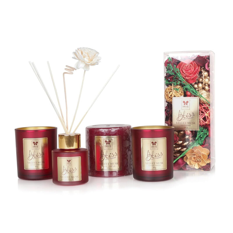 Iris Bliss Velvet Musk Fragrance Giftset with Reed Diffuser,Votive Candles,Potpourri & Pillar Candle - Image 3