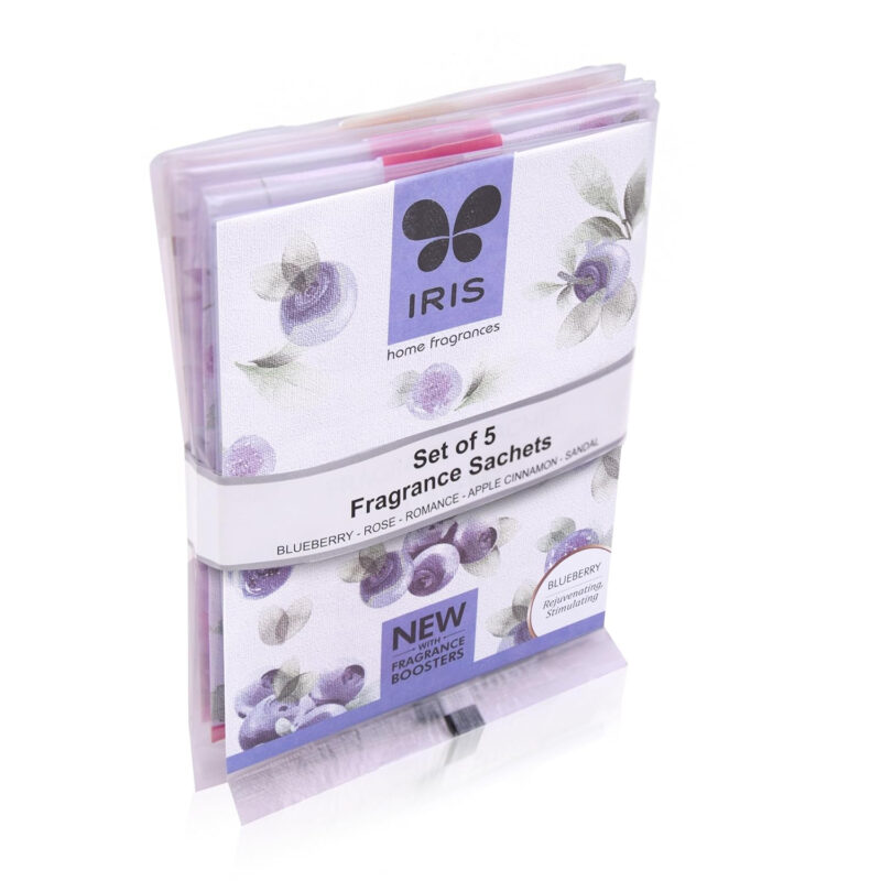 IRIS Home Fragrance Sachets - Pack of 5-10g Each - Apple Cinnamon, Romance, Sandal, Blueberry and Lavender - Airfreshner for Your Wardrobe, Drawer, Kitchen and Travel Bags