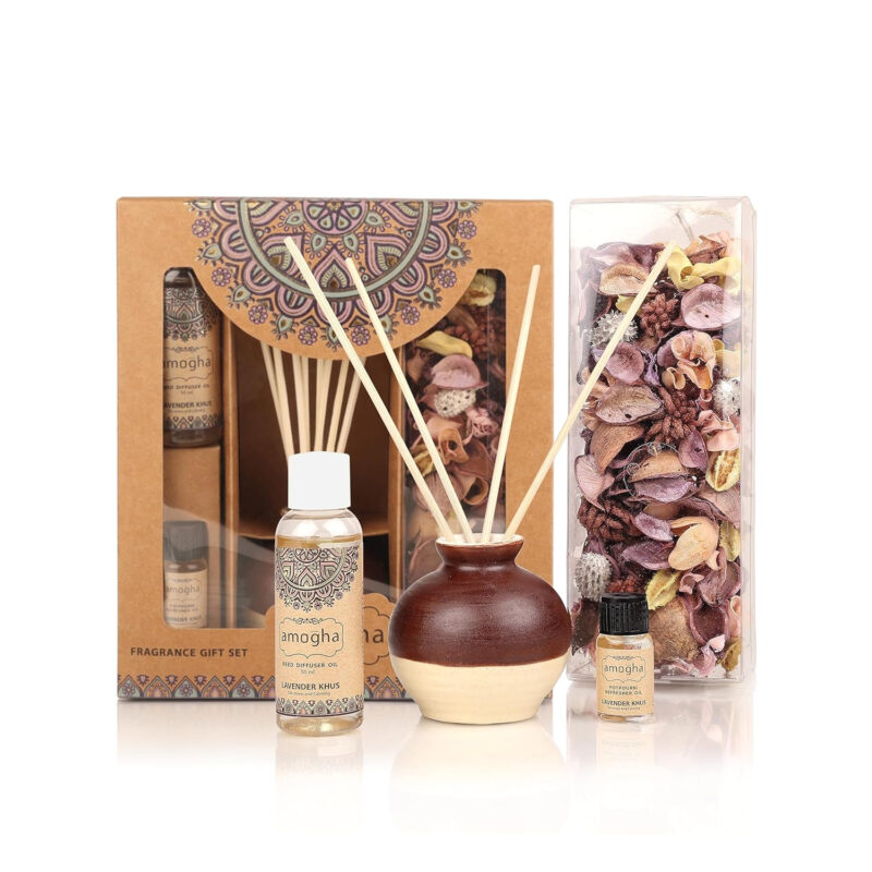 Amogha Ceramic Lavender Khus Fragrance Giftset With Decorative Pot, Reed Diffuser Oil (50Ml), 8N Reed Sticks, Potpourri(50G), 1N Potpourri Refresher Oil (8Ml) Free - Image 3