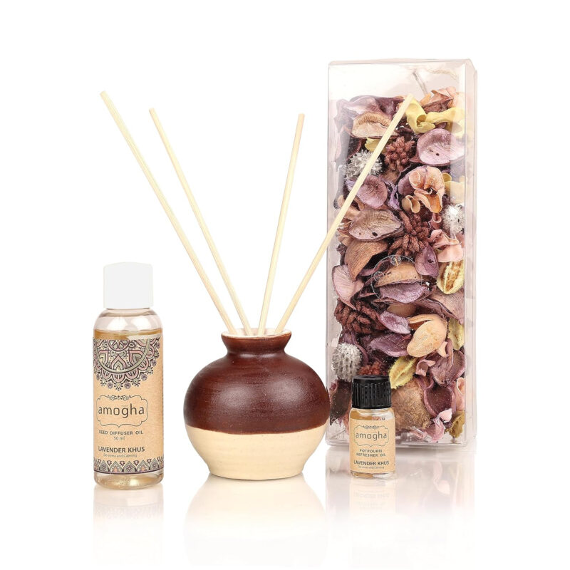 Amogha Ceramic Lavender Khus Fragrance Giftset With Decorative Pot, Reed Diffuser Oil (50Ml), 8N Reed Sticks, Potpourri(50G), 1N Potpourri Refresher Oil (8Ml) Free - Image 4