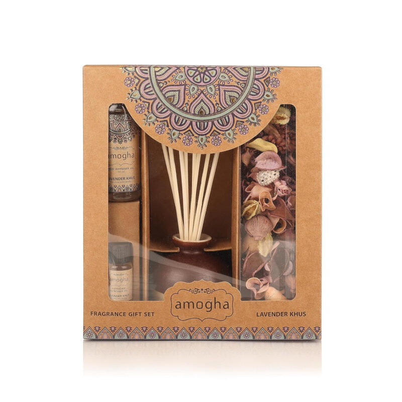 Amogha Ceramic Lavender Khus Fragrance Giftset With Decorative Pot, Reed Diffuser Oil (50Ml), 8N Reed Sticks, Potpourri(50G), 1N Potpourri Refresher Oil (8Ml) Free - Image 5